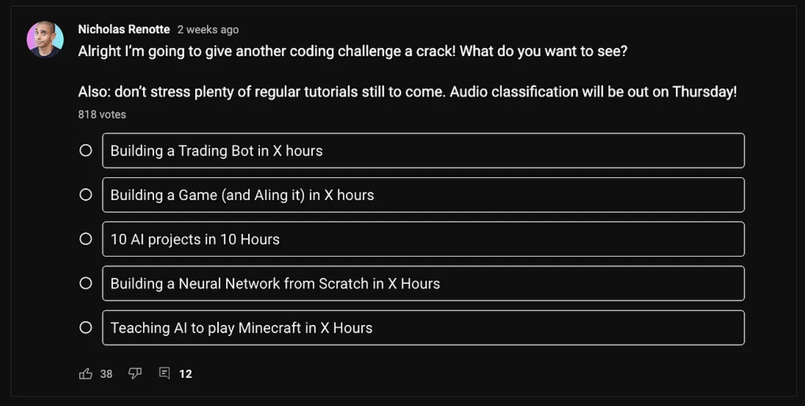 Nicholas Renotte YouTube community poll