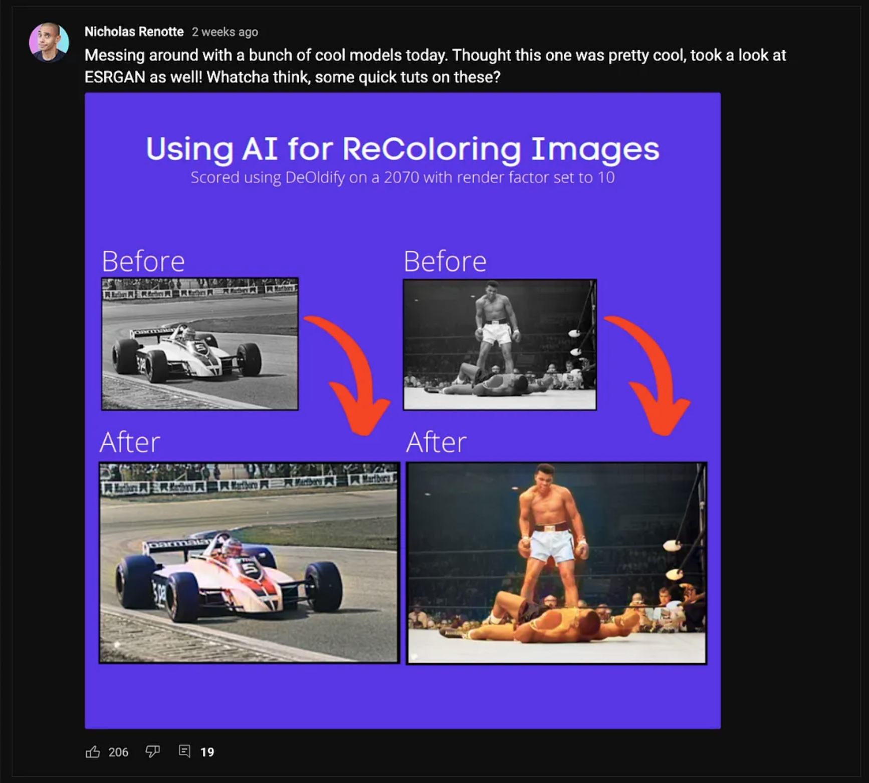 Nicholas Renotte YouTube community post with AI recoloring preview